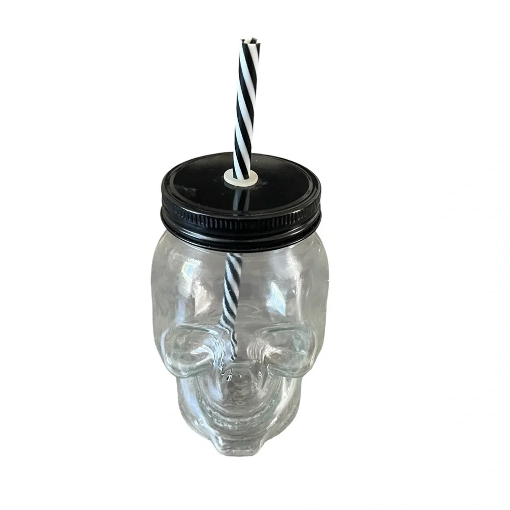 Spooky Sipping Skull Mason Jar Mug Glass Tumblers Cover & Straw Halloween Decor